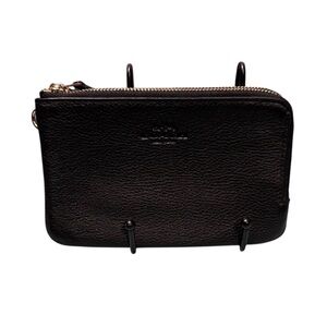 Coach Black Pebbled Leather Double Corner Zip Wristlet Pouch Wallet Gold F66505